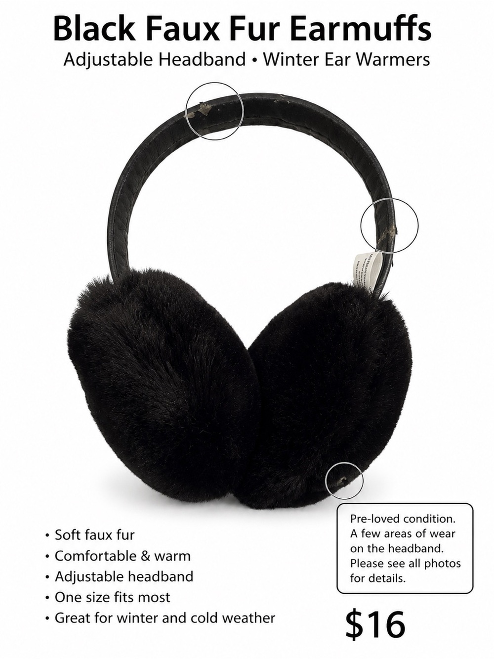Black Faux Fur Earmuffs Adjustable Headband Winter Ear Warmers